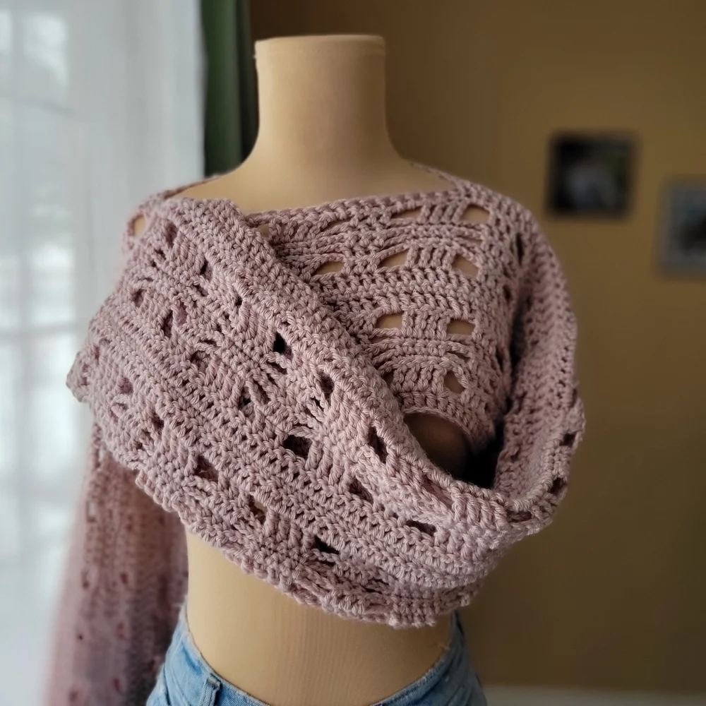 Fairycore Crochet Bell Sleeve Shrug Crop Top Arm Warmer - Mauve Pink - Picture 3 of 6